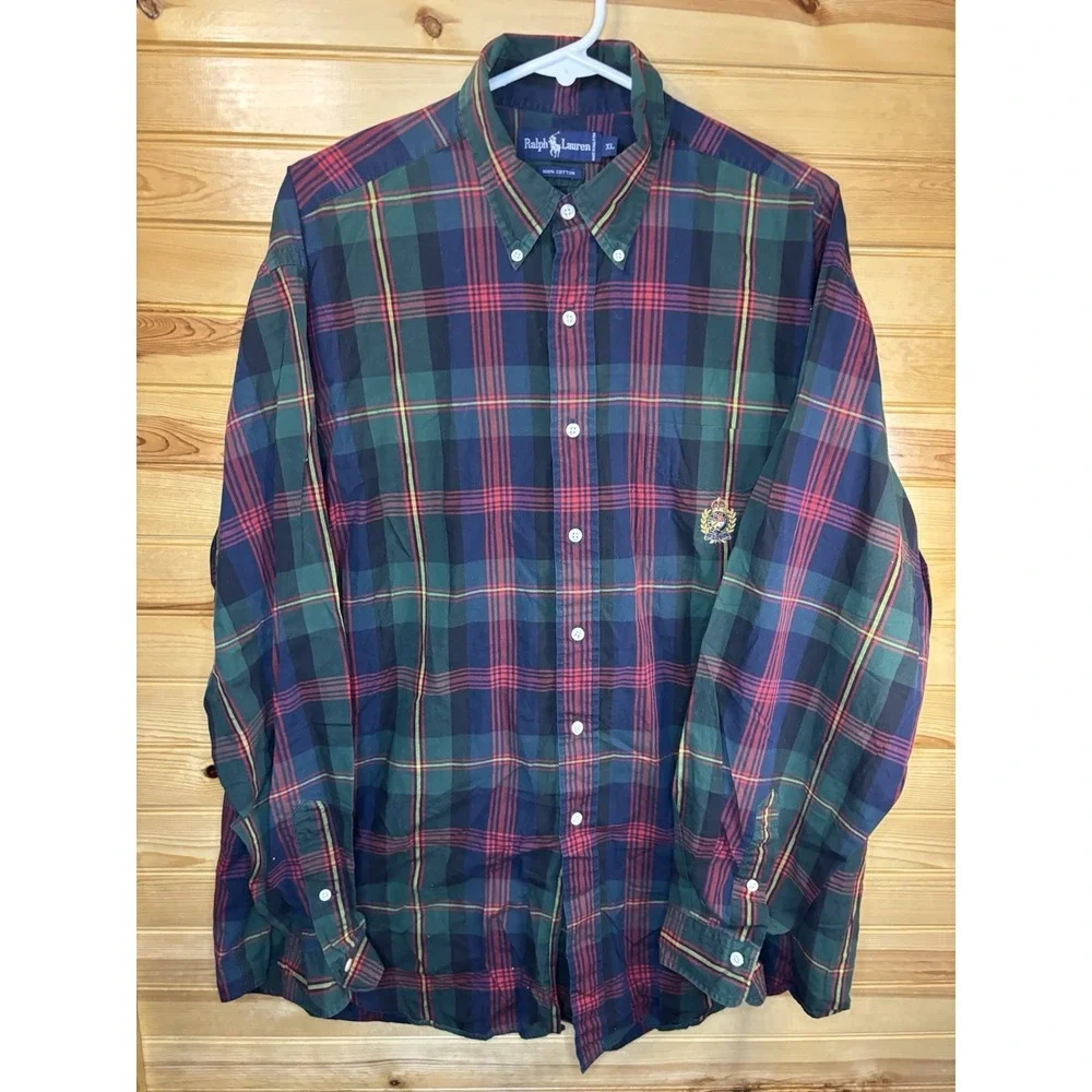 Vintage Ralph Lauren Plaid Long Sleeve Button Down Shirt XL Big Crown Logo Crest
